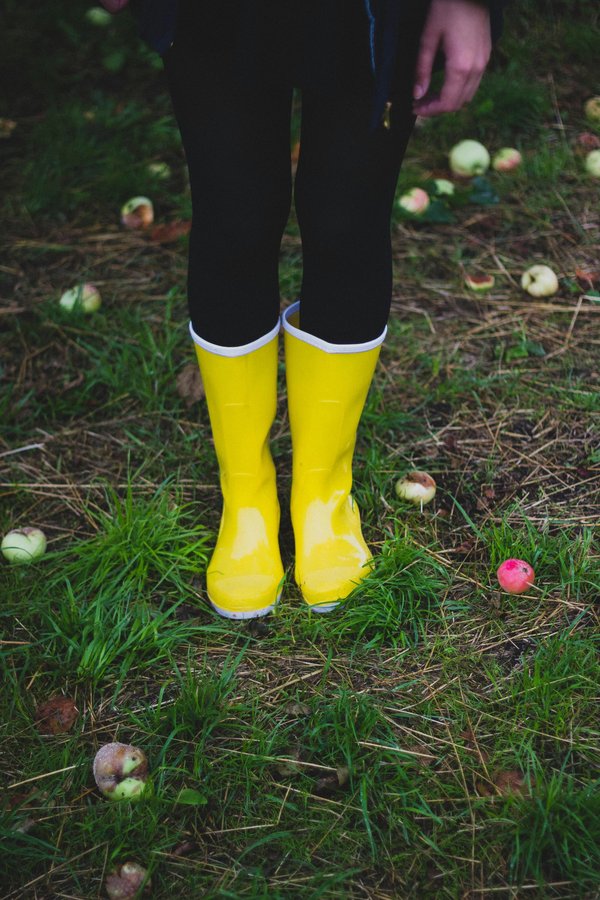 Personne avec bottes en caoutchouc dans un pré de pommes – protection inondations