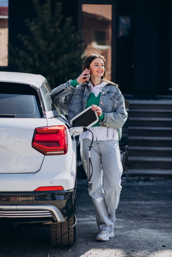 Femme tenant un smartphone attendant la recharge de son véhicule électrique – assurance connectée